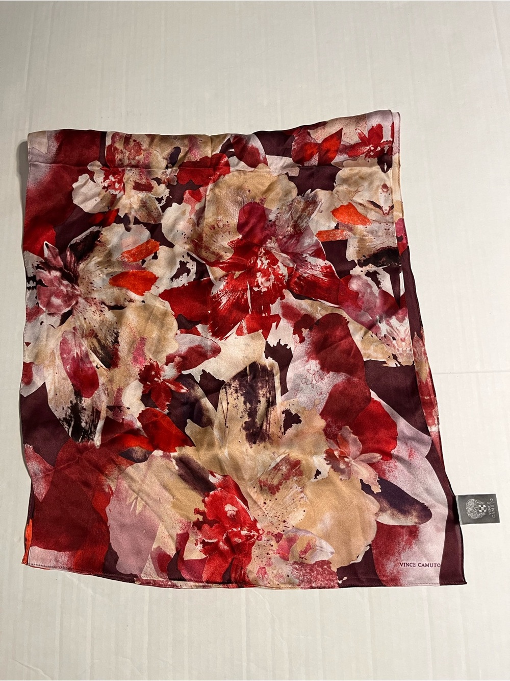 100% Silk Vince Camuto Scarve Burgundy Red and Cream Floral 72in x 18in